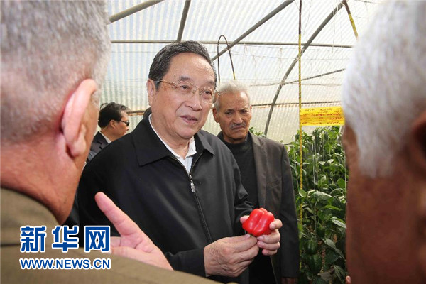 11月8日，正在約旦進(jìn)行正式友好訪問的全國政協(xié)主席俞正聲在約旦河谷參觀碩果農(nóng)業(yè)合作社。 新華社記者 劉衛(wèi)兵 攝 