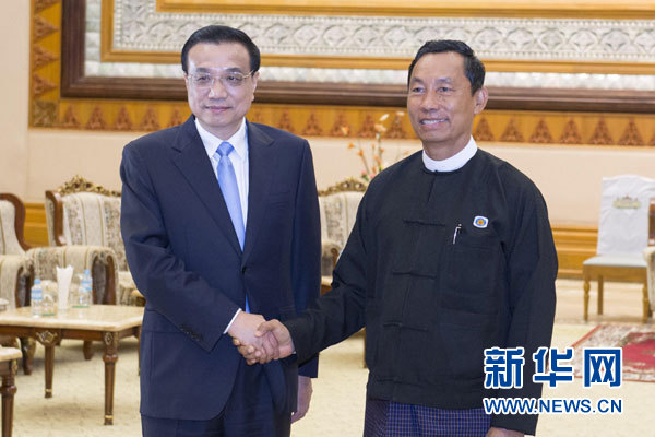 11月14日，國務院總理李克強在內比都會見緬甸聯邦議會議長兼人民院議長吳瑞曼。新華社記者王曄攝