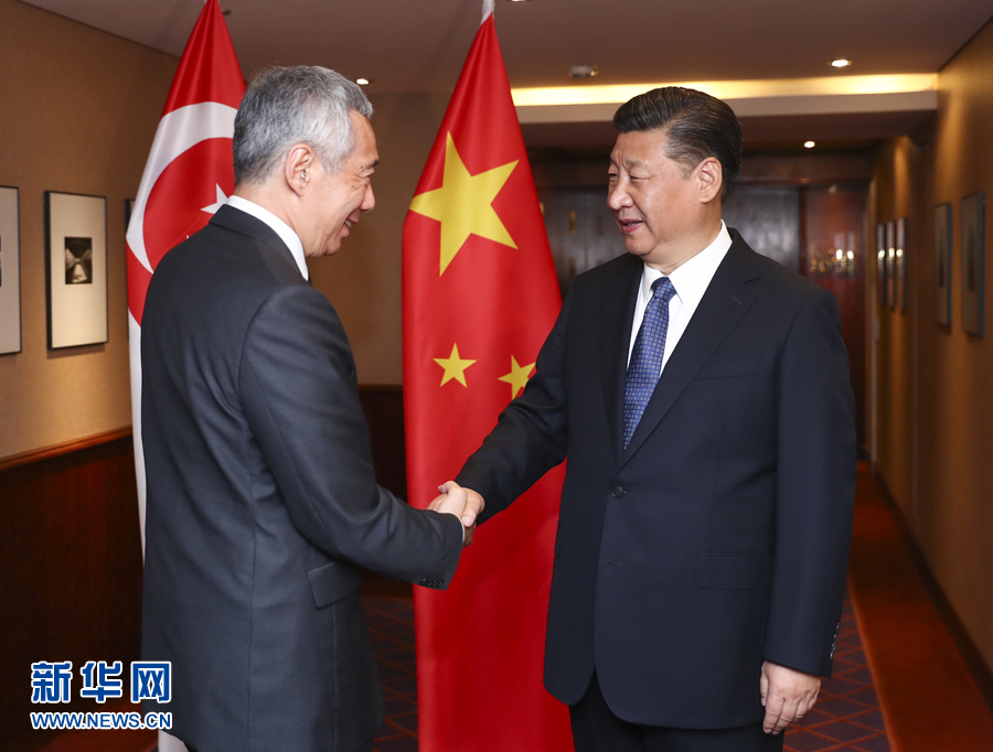 7月6日，國家主席習近平在漢堡會見新加坡總理李顯龍。 新華社記者謝環馳 攝